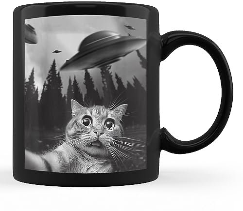 Coffee Mug Cat Selfie with Alien UFO Spaceship Jumbo Mug Durable Ceramics Coffee Cup Funny Ceramic Mug for Beer Kitchen 330Ml