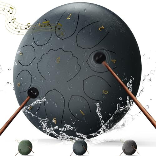 20,3 cm Stahlzungentrommel, 11 Noten, A-Dur, Handpan-Trommel, tragbare Regentrommel, Outdoor-Percussion-Instrument mit Schlägeln, Fingerplektren, Tragetasche, Musikbuch, Anfänger, Yoga, Meditation