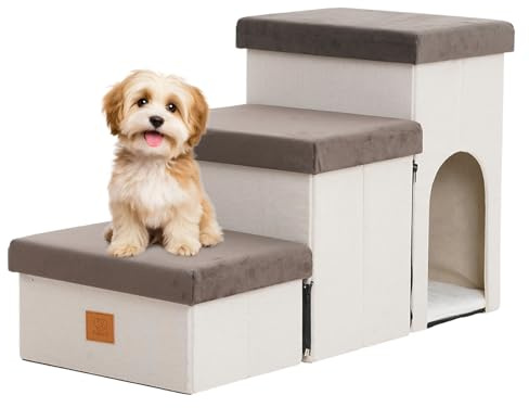 Arkyomi 3 steg hundtrappor för små hundar hundtrappor med förvaringsutrymme för sängsoffa 60 cm höga katttrappor för gamla katter, svamp, husdjurstrappor, beige