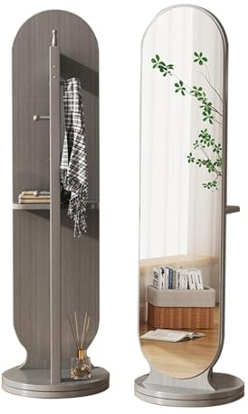 Specchio a figura intera con appendiabiti, specchio da pavimento autoportante con ganci e ripiani con base rotante per soggiorno, camera da letto, corridoio, specchio alto a corpo intero (nero)