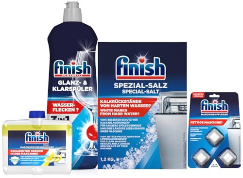 Finish Glanz- & Klarspüler 800 ml XL-Pack, Maschinenpfleger 2-Phasen Citrus 250 ml, Maschinenpfleger 3 Tabs, Spezialsalz 1,2 kg – Komplettes Set für strahlenden Glanz und optimale Maschinenpflege