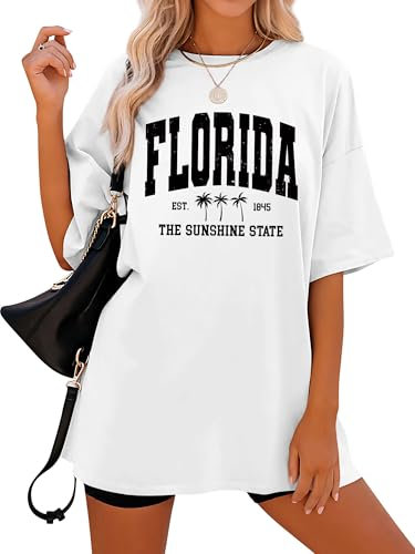Dresswel Oversized T Shirts for Women Florida Tropical Palm Graphic Print Vacation Tshirt Womens Summer Tops Crew Neck Short Sleeve Oversize Casual Loose Tees for Teens Girls