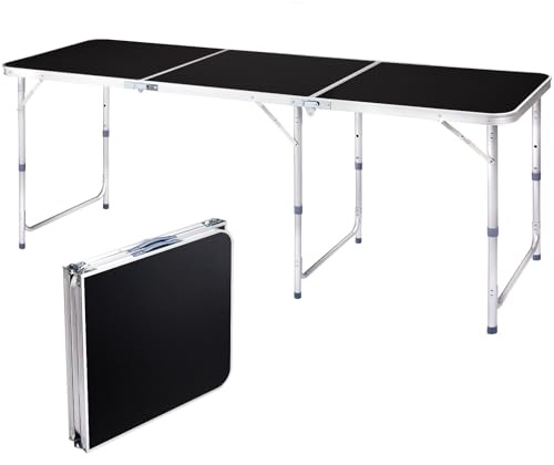 GODECOR 6.0 Ft Folding Portable Camping Table with Three Adjustable Heights, Tri-fold Outdoor Table, Outdoor Camping Kitchen, BBQ, Picnic, Cooking, Beach, Garden, Party, Black