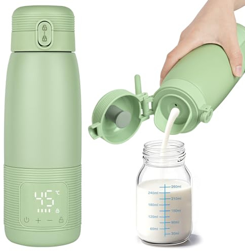 Aolso Bärbar flaskvärmare för resor, 500 ml babymjölkvärmare för bröstmjölk, modersmjölksersättning eller vatten, snabb uppvärmning och lång batteritid, USB-laddning, babytermos för fordon, bil