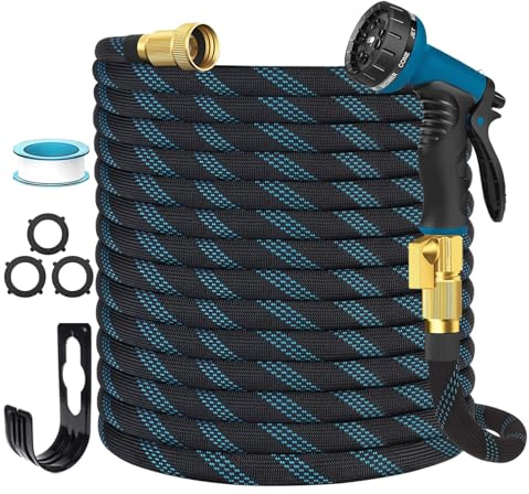 Garden Hose Non-Expandable 50 ft, Lightweight Flexible Water Hose with 10-Pattern Spray Nozzle, Leak Proof, Kink-Free, Portable Hose for Yard, Lawn, Camper, High-Density Fabric, Black Blue