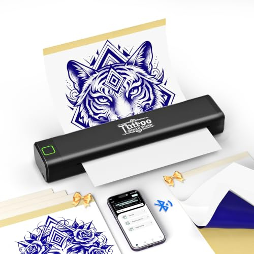 LFPERT Thermocopieur Tatouage P84, Imprimante Tatouage Bluetooth avec 5 Feuilles de Papier Transfert, Idéale pour Studios et Débutants, Compatible Téléphone Tablette PC, sans Fil sans Encre - Noir