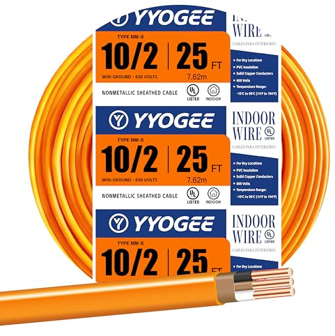 YYOGEE 10/2 NM-B Wire with Ground, 25 FT 10 Gauge Wire Solid Copper Non-Metallic Sheathed Cable, 10 AWG 2 Conductor Electric Wire for Water Heater, Air Conditioner, Garage Heater (Orange)