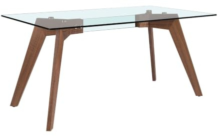 Mesa de Comedor Rectangular Modelo 1031 Angel Cerdá; Cristal Templado y Madera Chapada en Nogal; 160 x 95 cm