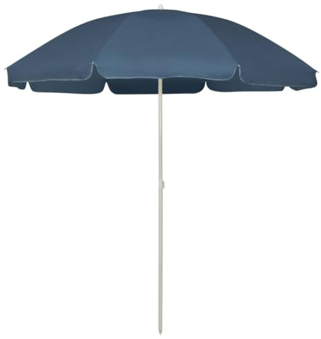 Ombrellone da spiaggia blu 240 cm in poliestere anti-UV e anti-scolorimento, con balena solida e chiodo di sostegno, inclinazione regolabile per montaggio su supporto o tavolo.