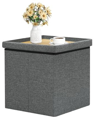 B FSOBEIIALEO Storage Ottoman with Tray, 16 Linen Small Ottomans Cube,Grey