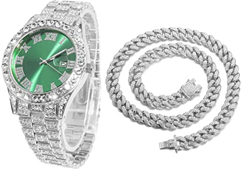 HALUKAKAH Diamant Montre en Or, Hommes Plaqué Or Blanc Platine 42MM Large Vert Cadran Quartz Bracelet 24cm avec Lien Cubain Chaîne 45cm Collier Set, avec Boite Cadeau