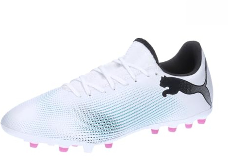 Puma Men Future 7 Play Mg Soccer Shoes, Puma White-Puma Black-Poison Pink, 44.5 EU