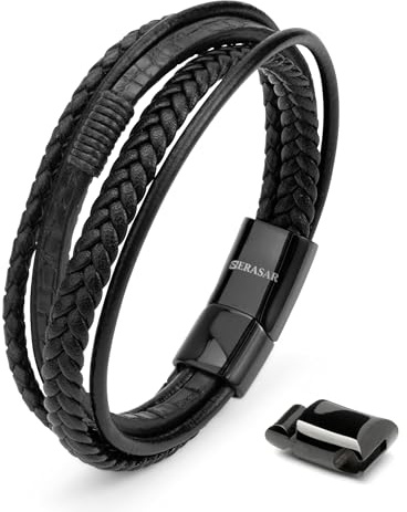 SERASAR Flätat Läderarmband för Män 17cm - Svart Armband, Pojkarmband, Hanarmband - Smyckepresentidé för Jubileum, Make, Pojkvän, Vänner