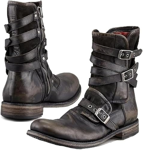 Bottes d'équitation Steampunk rétro en Cuir PU avec 3 Boucles, Bottines de Mode d'extérieur pour Homme, Usage Quotidien, Noir, 43 EU