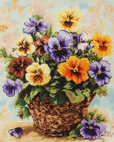 N.LANSHAN 11CT Diy Kreuzstich Stickpackungen Stiefmütterchen Blumen In Einem Korb Kreuzstich Stickpackungen Vorgedruckt Erwachsene Anfänger Diy Stickpackung Set Sticken Kit 40x50cm