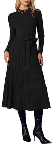Arach&Cloz Fall Winter Womens Sweater Dress 2026 Long Sleeve Turtleneck Cashmere Ribbed Knit Tie Waist Pleated A Line Pullover Fashion Belt Midi Clothes Chruch Business Casual Funeral Outfit Black S