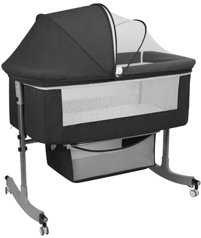 yulewiix 3-in-1-Nachtbett mit Aufbewahrungskorb, 6-stufig höhenverstellbares Babybett mit Moskitonetz, tragbare umwandelbare Wiege für Neugeborene mit Rollen für zu Hause oder im Freien Schwarz