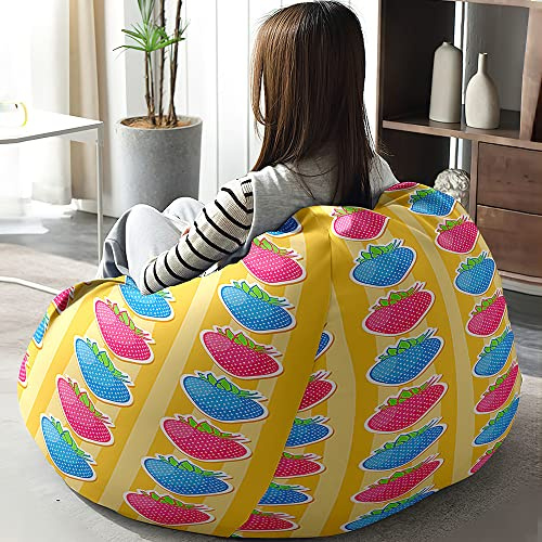 Hiseng Funda de puf, Sillón de Pera sin Relleno,Sofa Puff Gaming Salon Funda Sin Relleno para Niños y Adultos, Estampado de Fresas Bean Bag para Salón, Dormitorio (Amarillo,130x150cm)