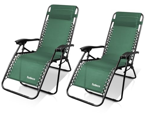 Todeco Chaise Longue Transat Jardin Plein Air, Transat de Plage Pliable, Bain de Soleil avec Repose-tête, d’accoudoirs Réglables, Lot de 2 Chaise de Camping en Respirantes Textilène, Vert