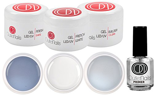 Kit de UV/LED Gel para Uñas - 3 Geles de 15ml + Primer - 3 en 1 Brillo, French Blanco y Constructor Clear