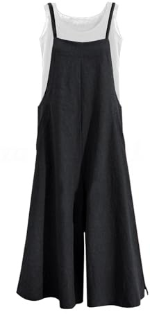 YESNO Women Casual Loose Long Bib Pants Wide Leg Jumpsuits Baggy Cotton Rompers Overalls with Pockets (L PZZTYP2 Black)