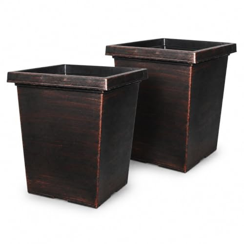 Muddy Hands 2 x 43 Litre Copper Large Plant Pot Outdoor Garden Flower Tree Tall Square Plastic Planter