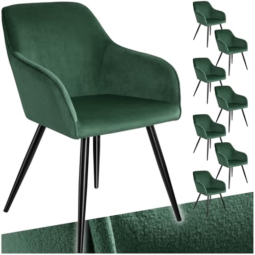 tectake® 8er Set Esszimmer Stuhl, Esszimmerstühle mit Sitzfläche aus Samt, Armlehnstuhl, Sessel Wohnzimmer, gepolsterter Bürostuhl, Schminktisch Stuhl, gemütlicher Küchenstuhl - dunkelgrün/schwarz
