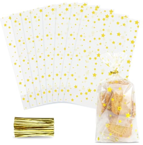 Bodenbeutel Goldene Sterne 100 Stück, Klein Cellophantüten Weihnachten 9.5 x16CM, Transparente Kekstüten Plätzchentüten Weihnachten mit Bindebaender, Zellophantüten mit Boden für Süßigkeiten