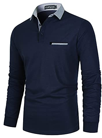 LIUPMWE Mens Casual Long Sleeve Polo Shirts with Pocket Cotton Denim Collar Golf Tops