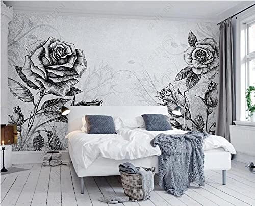 Papier Peint 3D Intissé Croquis De La Ligne Noire Et Blanche Rose Fleur Papier Peint Panoramique 3D Moderne Decoration Murale Chambre Salon Décoration Murale 400cmx280cm