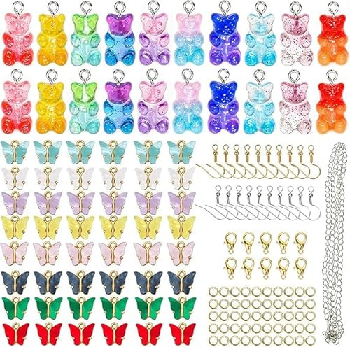 Schmetterling Anhänger aus Acryl Bunte Bären Resin Schmuck Set für DIY Schmuckherstellung, Halsketten, Ohrringe, Armbänder, Schlüsselanhänger, Charm, süßes Armband, Zubehör , Bastelzubehör(149Stück)