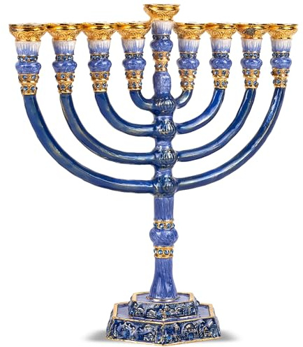Zion Judaica Menora Menora im Tempelstil, massives Chanukaia, passend für Standard-Chanukah-Kerzen, in Geschenkverpackung, Minorah-Kandelaber (Dunkelblau und Gold)