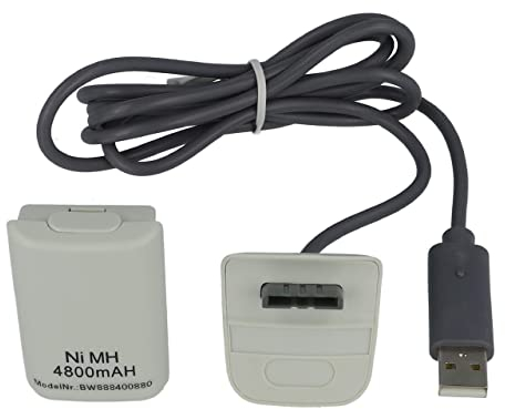 vhbw kit Play&Charge compatibile con Microsoft Xbox 360 Controller - 1x cavo di alimentazione, 1x batteria, bianco/grigio