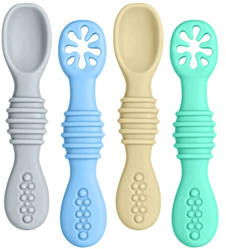 Vicloon Cuillère en Silicone pour Bébé,4PCS Cuillères Bébé Apprentissage Ustensile D'apprentissage Adapté à Dentition Première Étape Recommandé par Les Experts Sevrage