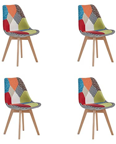 HJhomeheart Juego de 4 Sillas de Comedor de Tela Patchwork con Cojín de Asiento Extraíble y Patas de Madera Maciza para Comedor, Sala de Estar, Cocina, etc. (Retazos Rojo)
