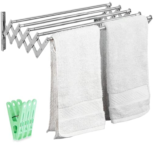 JUPPLIES Étendoir Mural Rétractable 140 cm – Séchoir à Linge Pliable pour Intérieur et Extérieur – 5 Barres INOX Résistantes, Installation Facile et Pinces Incluses
