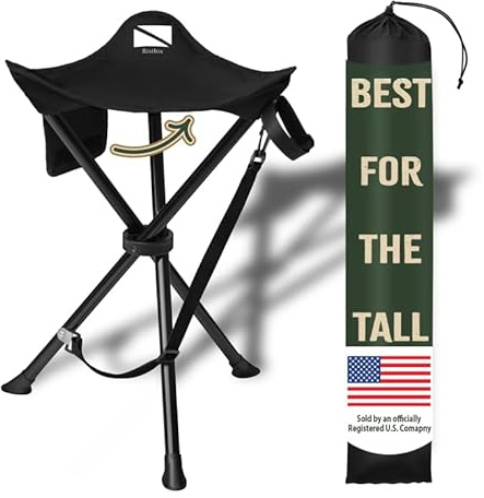 RISIBIX Foldable Tripod Stool - Ultra Portable Seat for Tall People, 20” High - Hunting Chair & Hidden Zippered Pocket - 2 lb Camping Stool, 3 Legged Strong Steel Stool Holds up to 200 lb (Black)
