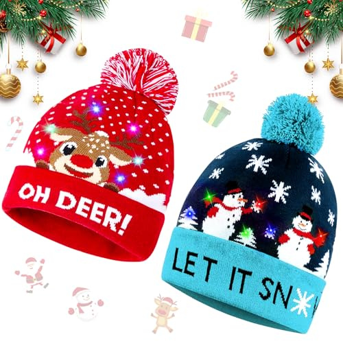 LED Weihnachtsmütze Erwachsene, Mütze mit LED Licht Kinder, Nikolausmütze Weihnachtsmützen Erwachsene Weihnachtsmann Mütze, Dehnbare Strickmütze, Leuchtende Weihnachtsmütze Kinder für Weihnachtsfeier