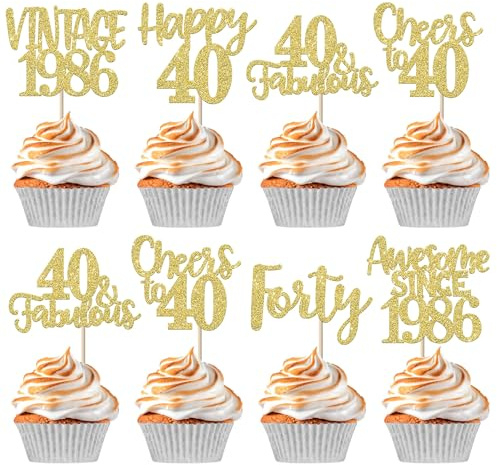 Xsstarmi 24 Pack Gold Happy 40th Birthday Cupcake Toppers Forty 40 Fabulous Vintage 1986 Cupcake Picks for Awesome Since 1986 Cheers to 40th Birthday Wedding Anniversary Party Cake Decorations