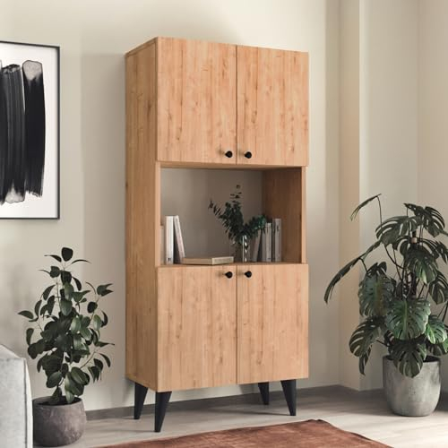 [en.casa] Beistellschrank NES Mehrzweckschrank Büroschrank mit 4 Türen offenes Ablagefach in der Mitte Küchenschrank Wohnzimmerschrank 135x60x32cm Saphir-Eiche