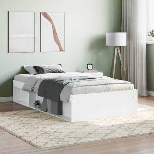 Festnight Bett 100x200 cm Holzbett mit Stauraum Massivholzbett mit Fächer Bettgestell mit Lattenrost Einzelbett Doppelbett Bettrahmen Jugendbett Holz Weiß