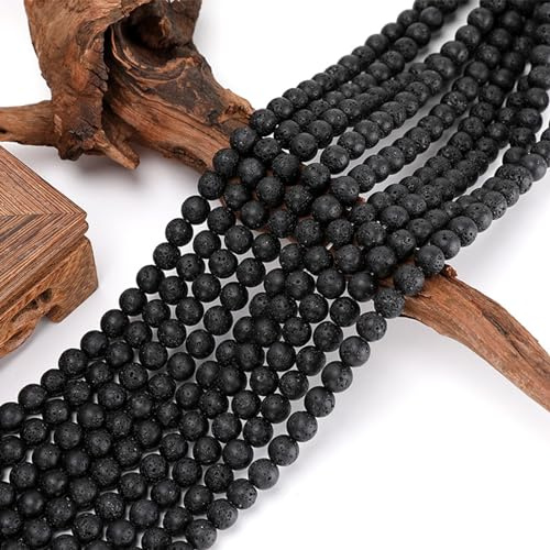 HERZONE svarta lavapärlor 378 st 6 mm lycklig lavasten vulkanisk sten natursten pärlor för armband, smycken, med hål, (6 mm)