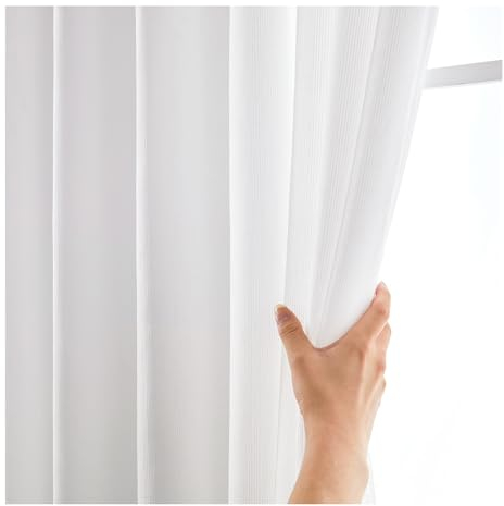PSKJHN Weiß Transparente Gardine Gestreift Ösenschal Vorhang Schlafzimmer Wohnzimmer Indoor Fenstervorhänge 2 Stück,W100xL250cm,White