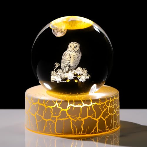 Movdyka Crystal 3D Owl 2.36in Ball Figurine Gifts for Women Owl Lovers | Glass Animal Art Sphere Gifts for Animal Lovers, Warm Light Base, Bird Lover Keepsakes, Birthdays Home Ornaments for Room