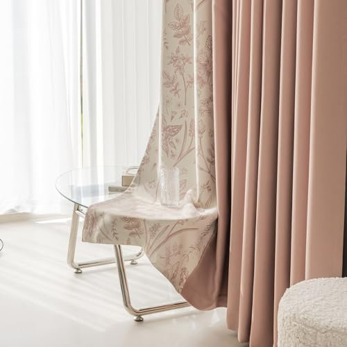 KnSam 2er Set Rose Fenstervorhänge, Vorhänge Wohnzimmer Lang Patchwork Blumen, Polyester Baumwolle Ösen Vorhänge Muster Blickdicht Ösenvorhang Blickdicht, Jeder B 132 x H 214cm