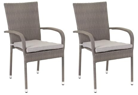 LOLAhome Pack 2 Sillas de ratán Resistente con Cojín Impermeable | Apilables, con Brazos | De ratán Gris Taupe | para Exterior, balcón, terraza y jardín | Marlene