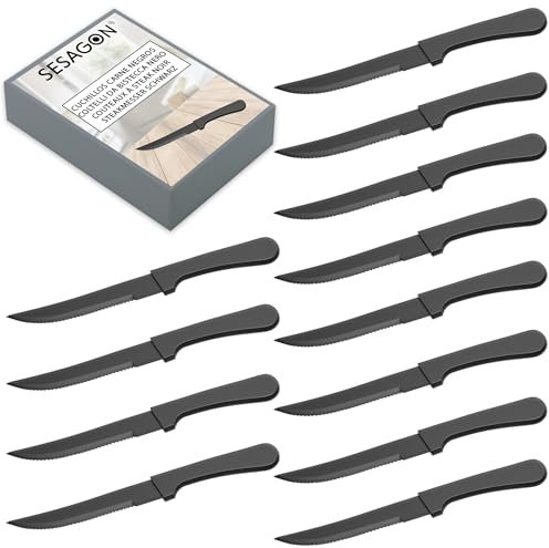 Juego de Cuchillos Negros para Carne - 12 Piezas de 22 cm con Mango Ergonómico Chuleteros de Mesa
