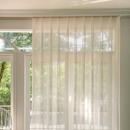 Wycian Gardine Querbehang Oben Ösenvorhang Creme Beige Voile 2er Pack mit Einfacher Karierter Struktur H214 x B102 cm (2er Pack) Polyester