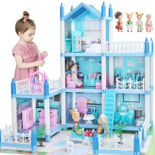 Maisonde Poupée pour Filles De 3 4 5 6 7 8 Ans - Maison De Poupée à 3 éTages Et 6 Pièces avec 4 Poupée, Accessoires Légers, Meubles, Maison De Poupée pour Enfants