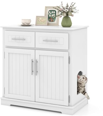 COSTWAY Kattskåp för kattlåda, kattlådsskåp med 2 lådor, 2 dörrar & ingång, sidobord för kattkoja, kattmöbler för inomhusbruk, modern, 80 x 45 x 80 cm, vit
